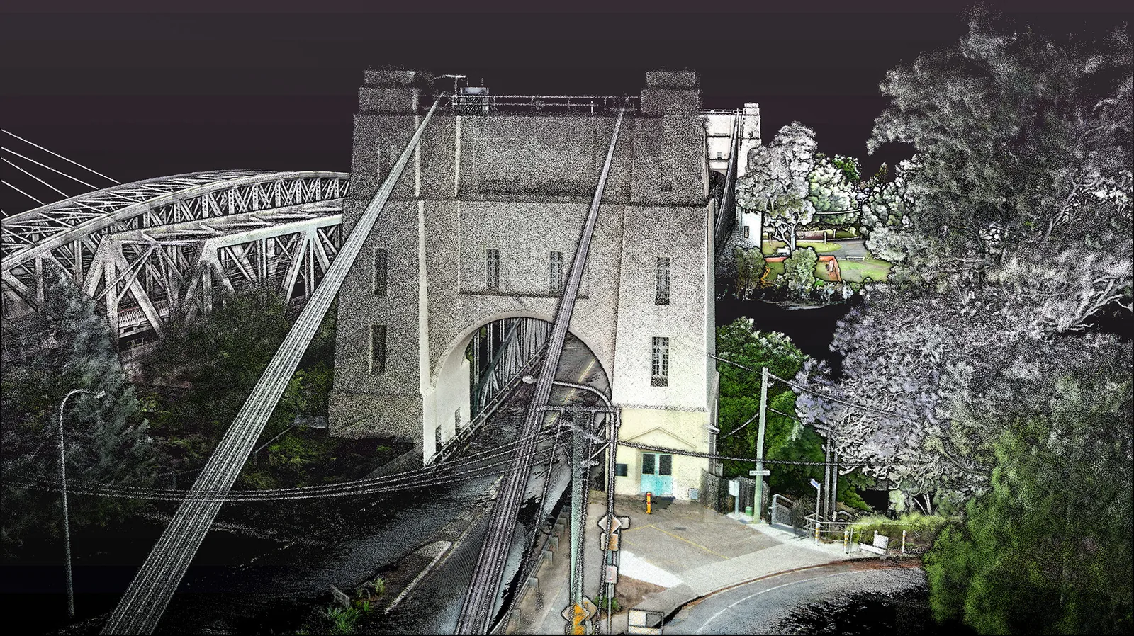 Point cloud of the Walter Taylor Bridge tower and neighbouring rail bridge, captured on foot with a TerrusM