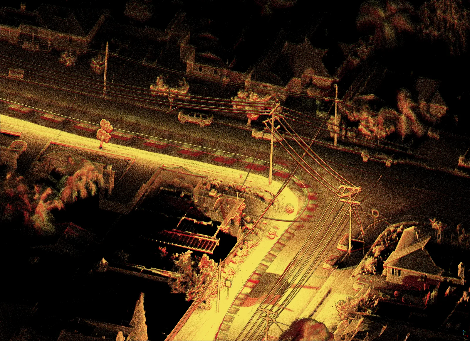 Overlaid repeat captures of a suburban street corridor rendered in intensity colours