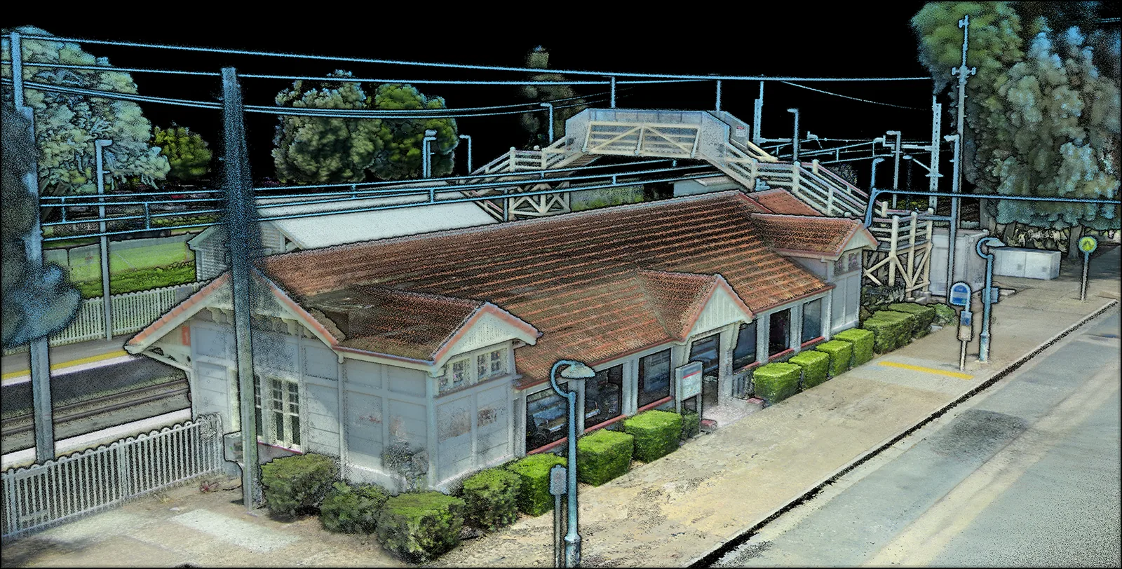 Colourised point cloud of the heritage Rosewood train station, captured from the ground