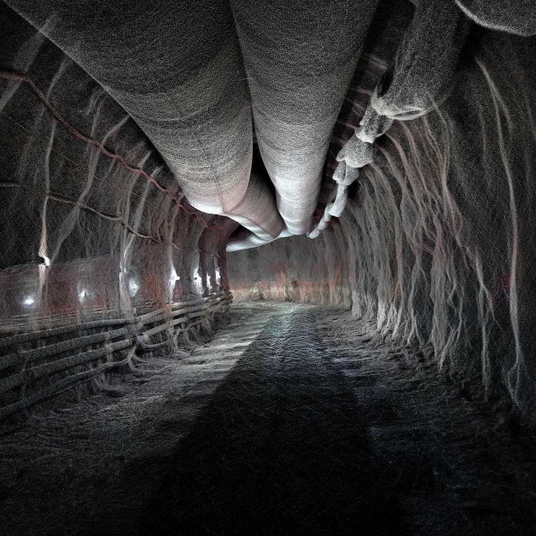 Colourised point cloud of an underground mine drive with services along the backs